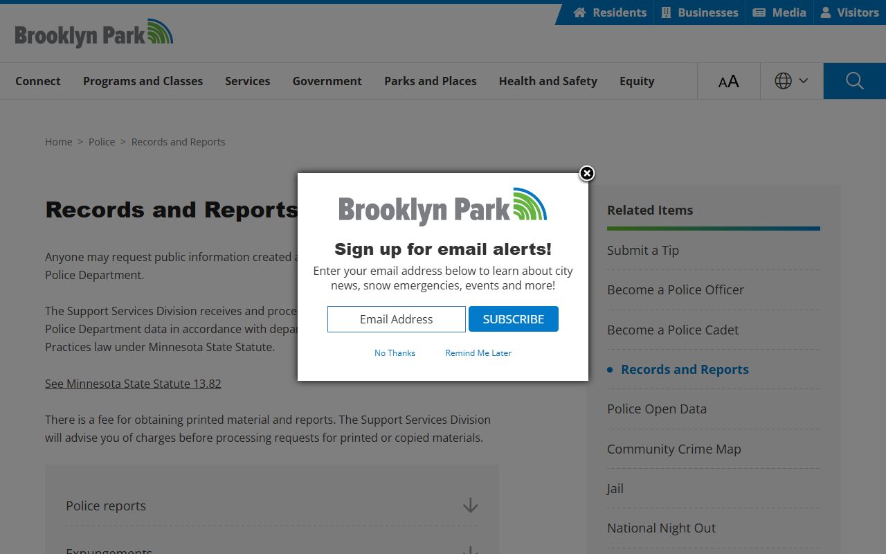 Brooklyn Park Police records and reports released inmates