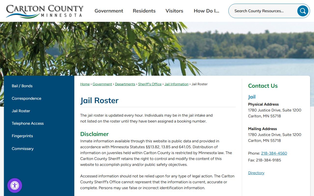 Carlton County released inmates jail roster website