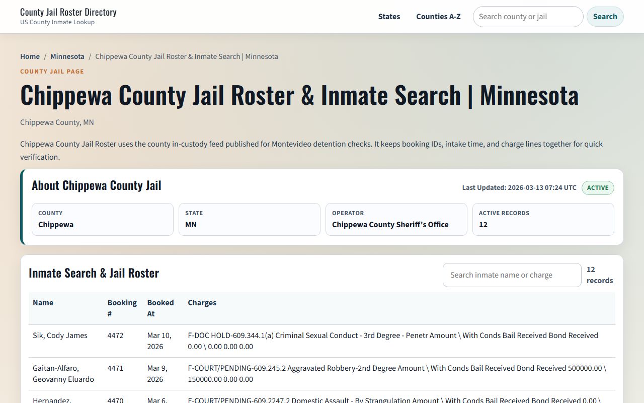 Chippewa County released inmates jail roster search