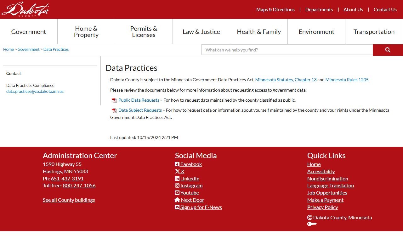 Dakota County released inmates data practices page