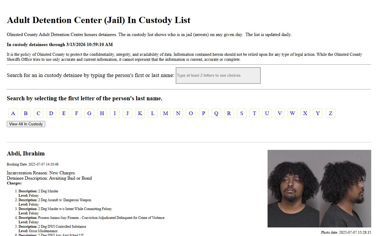 olmsted county released inmates adult detention center detainee list