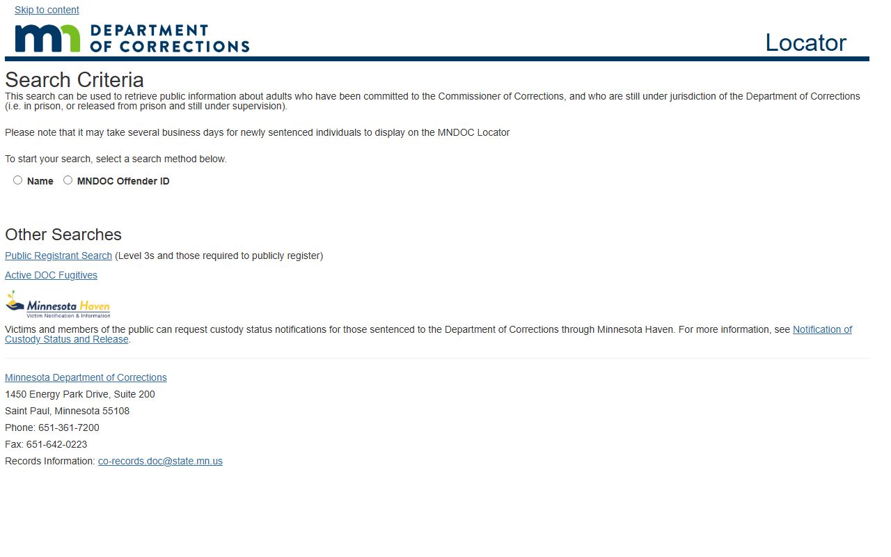 Minnesota DOC Public Viewer released inmate search