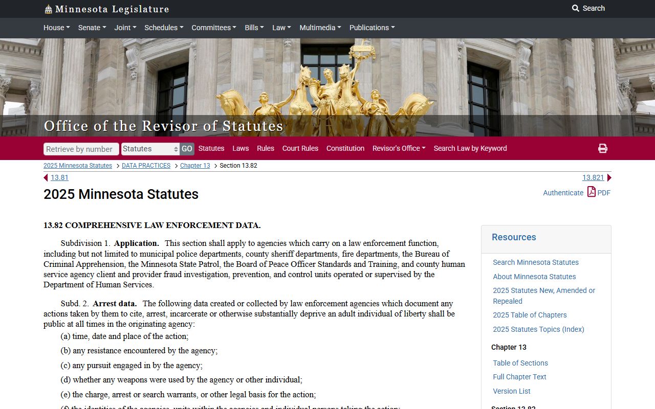 Minnesota Statute 13.82 law enforcement data released inmates