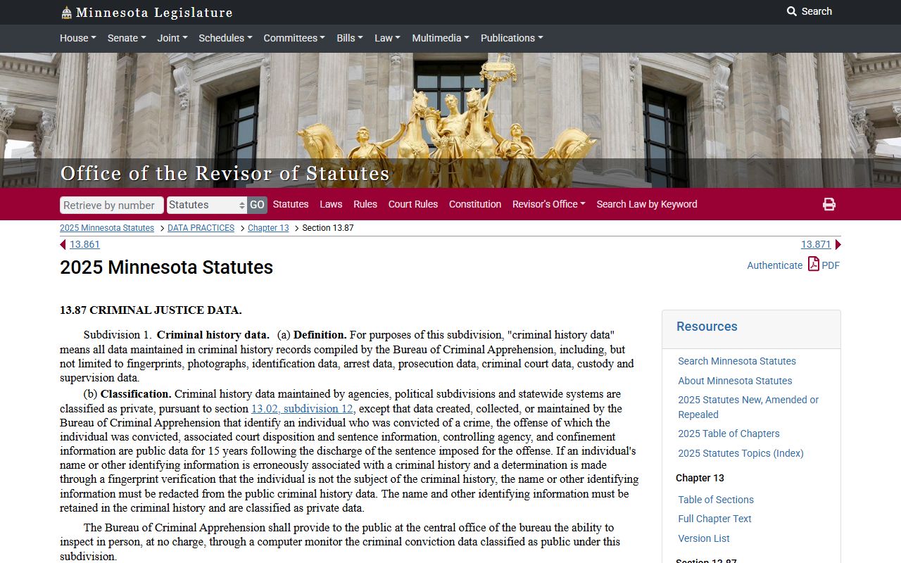 Minnesota Statute 13.87 criminal justice data released inmates